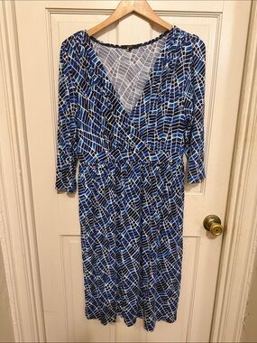 Tart Blue and White Geometric Wrap Midi Dress